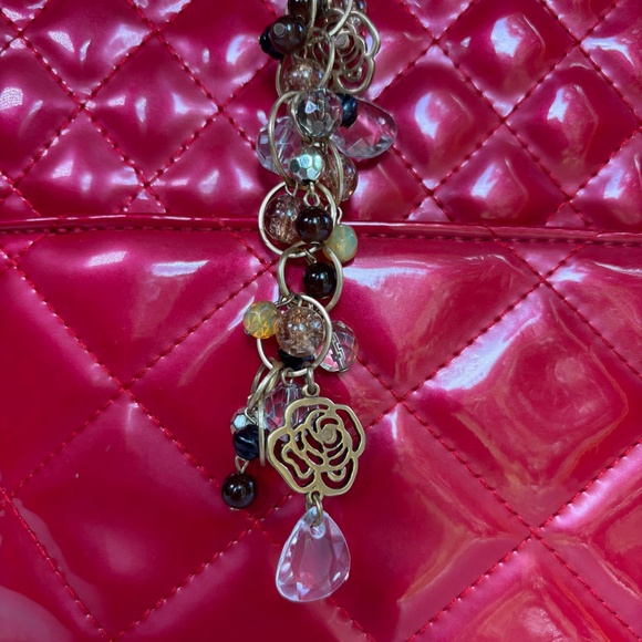 Red Quilted Vinyl Bag w/Gold Hardware and Purse Charm - Picture 4 of 10